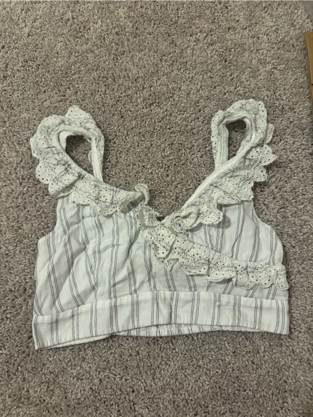 American Eagle Outfitters White and Gray Striped Eyelet Ruffle Crop Top